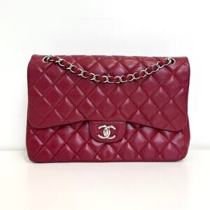 CHANEL Red Quilted Caviar Leather Classic Jumbo Double Flap Shoulder Bag Silver